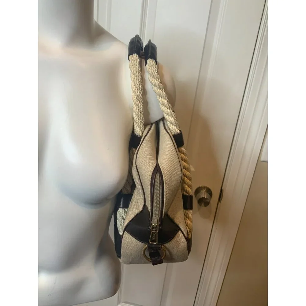 Saint Laurent Tan Canvas Twisted Rope Handle Satchel Purse Bag